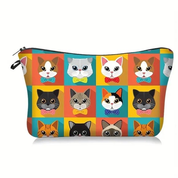 Cosmetic Bag Cat Kitty Makeup Clutch Zip Pouch Travel Organizer Cute Trendy - Picture 1 of 2